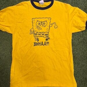 Yellow SpongeBob SquarePants ringer tee with "Booyah!!!" graphic. Size: L